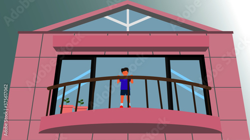 vector illustration of a boy standing in the balcony