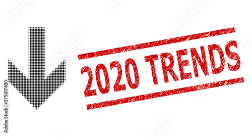 Arrow down halftone dotted vector and 2020 Trends unclean stamp seal. Stamp seal includes 2020 Trends tag between parallel lines.