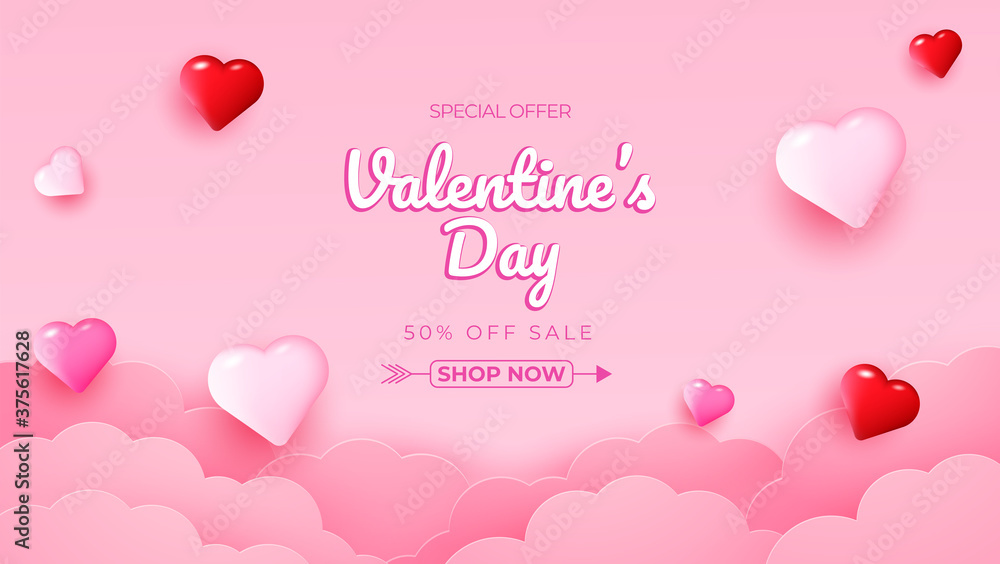 Happy valentine day background sayings in realistic style of paper pieces. Paper clouds and hearts. Pink Banner Party Invitation Template. Calligraphy words with text in the copy room.