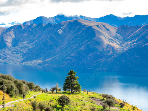 The aerial view of Lake Wanaka from roys peak track in New Zealand.
