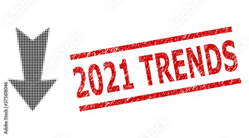 Arrow down halftone dotted vector and 2021 Trends scratched seal. Stamp seal includes 2021 Trends tag between parallel lines.