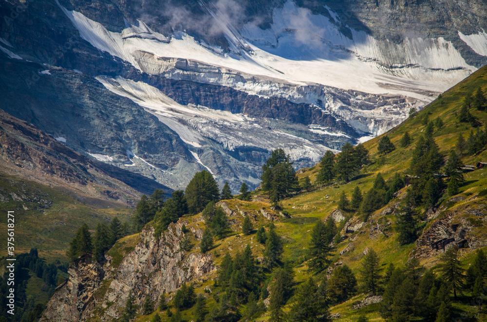 Fototapeta Landscape at the foot of Matterhorn mountain with forest and glaciers (swiss alps, Zermatt, Switzerland)