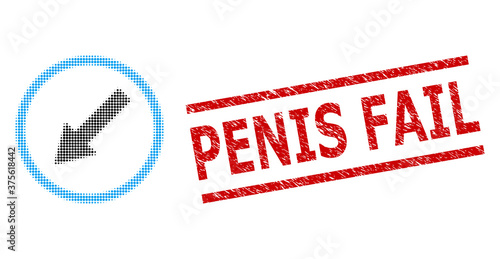 Down-left rounded arrow halftone dotted vector and Penis Fail dirty stamp seal. Stamp includes Penis Fail text between parallel lines.
