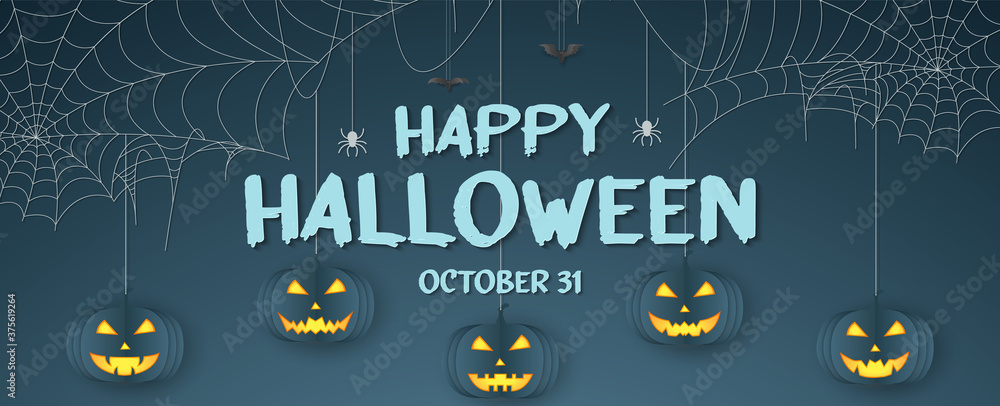 Halloween pumpkin head, spiders and bats hanging, spider web banner, cobweb background with text Halloween pumpkin head, spiders and bats hanging, spider web banner, cobweb background with text