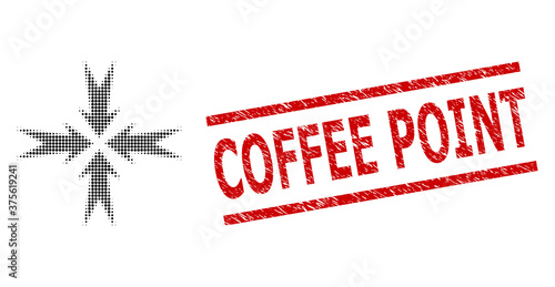 Compression arrows halftone dotted vector and Coffee Point dirty stamp seal. Seal includes Coffee Point tag between parallel lines.