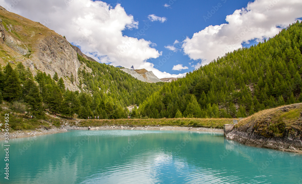 Landscape of Switzerland with mountain lake and forest near Zermatt, Valais canton