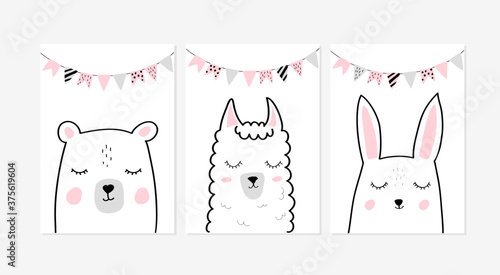 Cute posters with little rabbit, bear, and llama vector prints for baby room, baby shower, greeting card, kids and baby t-shirts, and wear. Hand drawn nursery