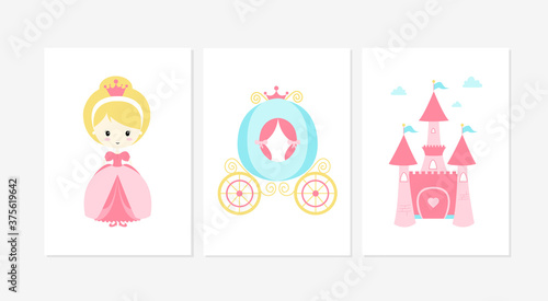 Cute posters with little princess set vector prints for baby room, baby shower, greeting card, kids and baby t-shirts and wear. Hand drawn nursery