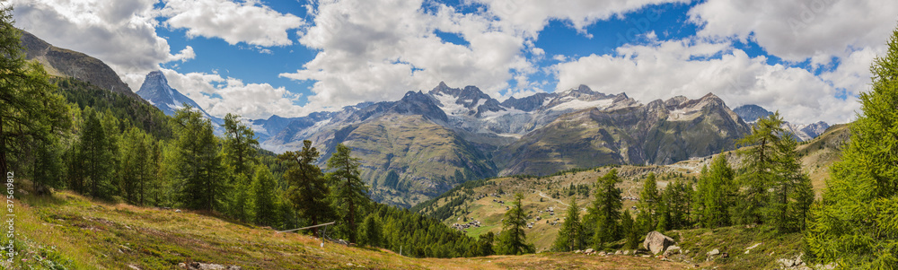 Landscape of Switzerland with mountain range and forest near Zermatt, Valais canton (Panorama)