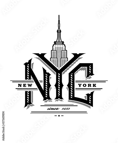 NYC letters and Empire State Building. New York city logo, emblem, vintage style. Vector illustration.