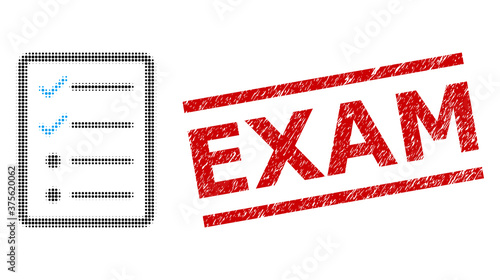 Checklist page halftone dotted illustration and Exam dirty stamp seal. Stamp seal includes Exam tag between parallel lines.