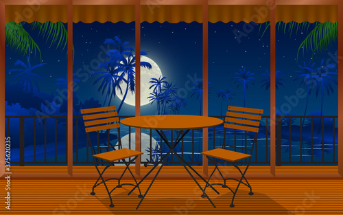 wood table and chair in indoor cafe and restaurant on the beach in the night