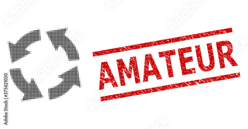 Circulation halftone dotted vector and Amateur unclean stamp seal. Stamp includes Amateur caption between parallel lines. Circulation vector is formed of halftone array which contains circle elements.