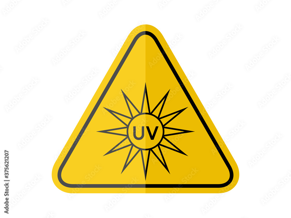 isolated UV; ultraviolet radiation, common hazards symbols on yellow round triangle board warning sign for icon, label, logo or package industry etc. flat paperwork style vector design. isolated UV; ultraviolet radiation, common hazards symbols on yellow round triangle board warning sign for icon, label, logo or package industry etc. flat paperwork style vector design.