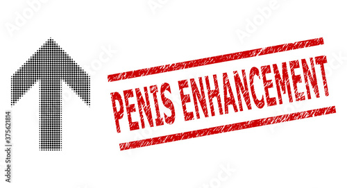 Arrow up halftone dotted pictogram and Penis Enhancement textured seal. Seal includes Penis Enhancement tag between parallel lines.