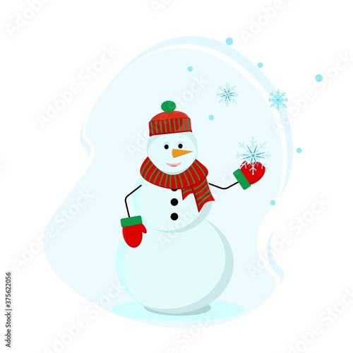  Snowman holding a snowflake in his hand. Winter, a cute snowman in a hat and mittens catches snowflakes, snowfall. Vector illustration in flat style. © Olena