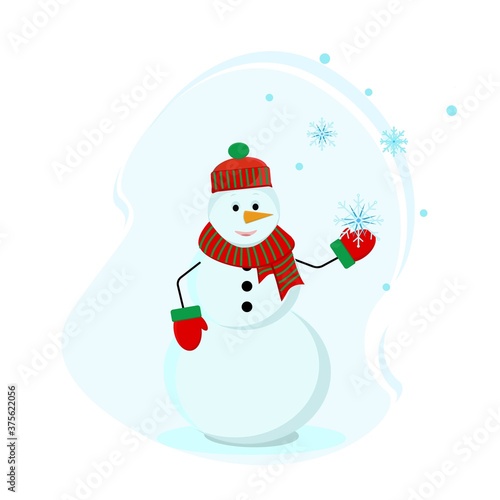 
Snowman holding a snowflake in his hand. Winter, a cute snowman in a hat and mittens catches snowflakes, snowfall. Vector illustration in flat style.