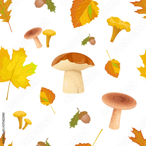 Autumn forest seamless pattern with edible mushrooms, leaves and acorns. Fall season ornament on white background.