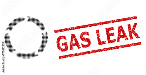 Circulation halftone dotted pictogram and Gas Leak unclean seal. Stamp seal includes Gas Leak caption between parallel lines.