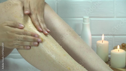 Apply the scrub to the skin of the legs. Home skin care, body. Irritation after depilation, shaving.  SPA, treatment, massage. Exfoliation, peeling. Strawberry legs, Keratosis Pilaris, dark spots, 4k