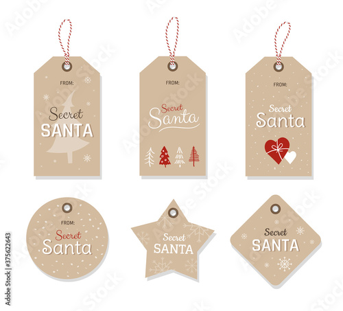 Secret Santa gift exchange. Set of cute Christmas tags with hand-drawn Christmas tree, hearts, and snowflakes.  - Vector