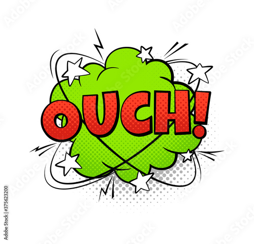 Comics balloon ouch text. Cartoon speech bubble, red green and white colors. Retro sound speech effect halftone dot background. Vector isolated illustration in vintage style