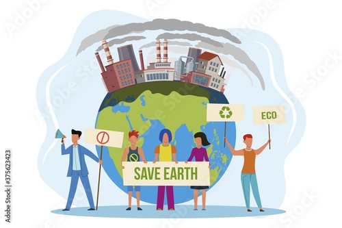 Save the planet. People with placard on protest against environmental pollution, global warming and climate change, men and women on demonstration protect Earth concept flat vector