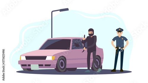Theft of car. Thieves man take apart car and policeman, criminal steals auto crime damage destruction of another property, security system concept cartoon flat vector illustration © YummyBuum