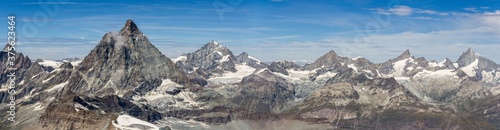 Panorama of mountains at Matterhorn glacier paradise (Klein Matterhorn), swiss alps, Switzerland, with Matterhorn and glaciers