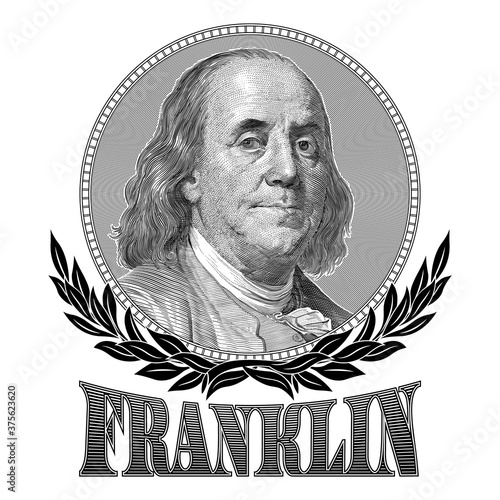 Portrait of Benjamin Franklin with laurel branches and the inscription "Franklin". Vector drawing.