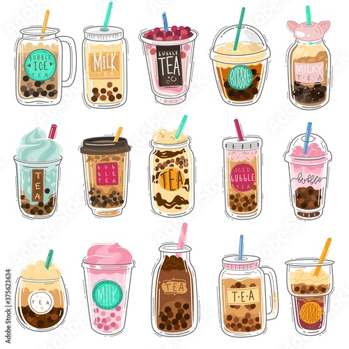 Bubble tea. Plastic cups with summer bubble asian tea, popular taiwanese pearl milk with balls, soft boba drinks with delicious tapioca cold liquid dessert cartoon vector isolated set