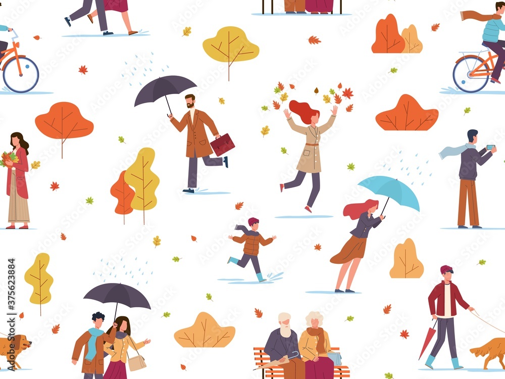 Autumn people seamless pattern. Guys and kid with umbrellas walk public park, take photo and play fall leaves, texture for wallpaper, fabrics and wrapping vector illustration on white