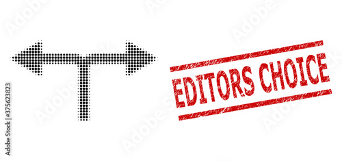 Bifurcation arrows left right halftone dotted vector and Editors Choice unclean stamp seal. Stamp includes Editors Choice title between parallel lines.