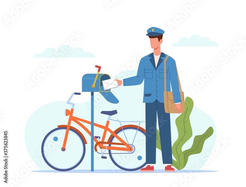 Postman deliver mail. Mailman in blue uniform and bicycle with bag delivering letters in mailbox, envelope and parcel express delivery, logistic service vector flat cartoon concept