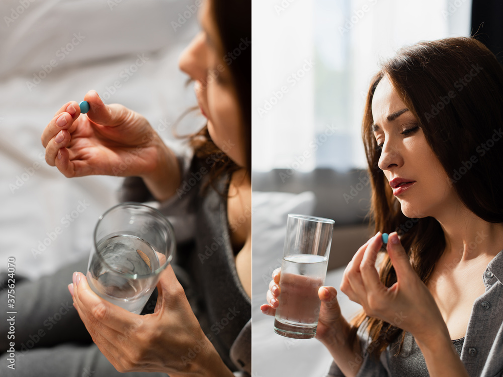 collage of woman holding pill and glass of water at home collage of woman holding pill and glass of water at home