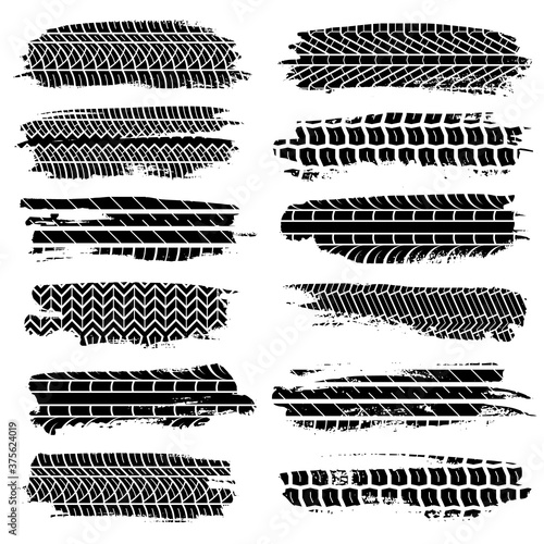 Grunge tire tracks. Car motorcycle tires elements set, grunge tractor trace on street road, motocross rally dirty texture from wheels, black vector silhouette collection