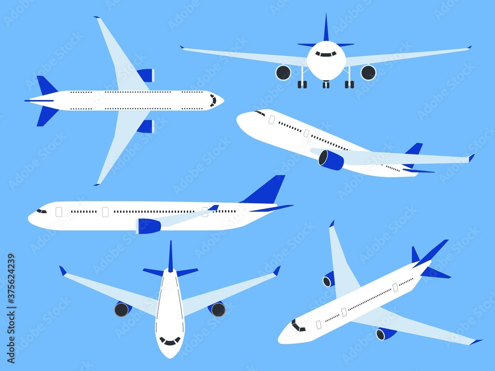 Aircraft. Airplane top, side and front view, fast transport charter. Cargo airlines with wing, commercial journey aviation passenger plane flat vector set isolated on blue background