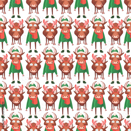 Seamless pattern for Happy Chinese new year 2021 - funny bulls. Vector illustration. Great for wrapping paper, textile, wrapping paper.