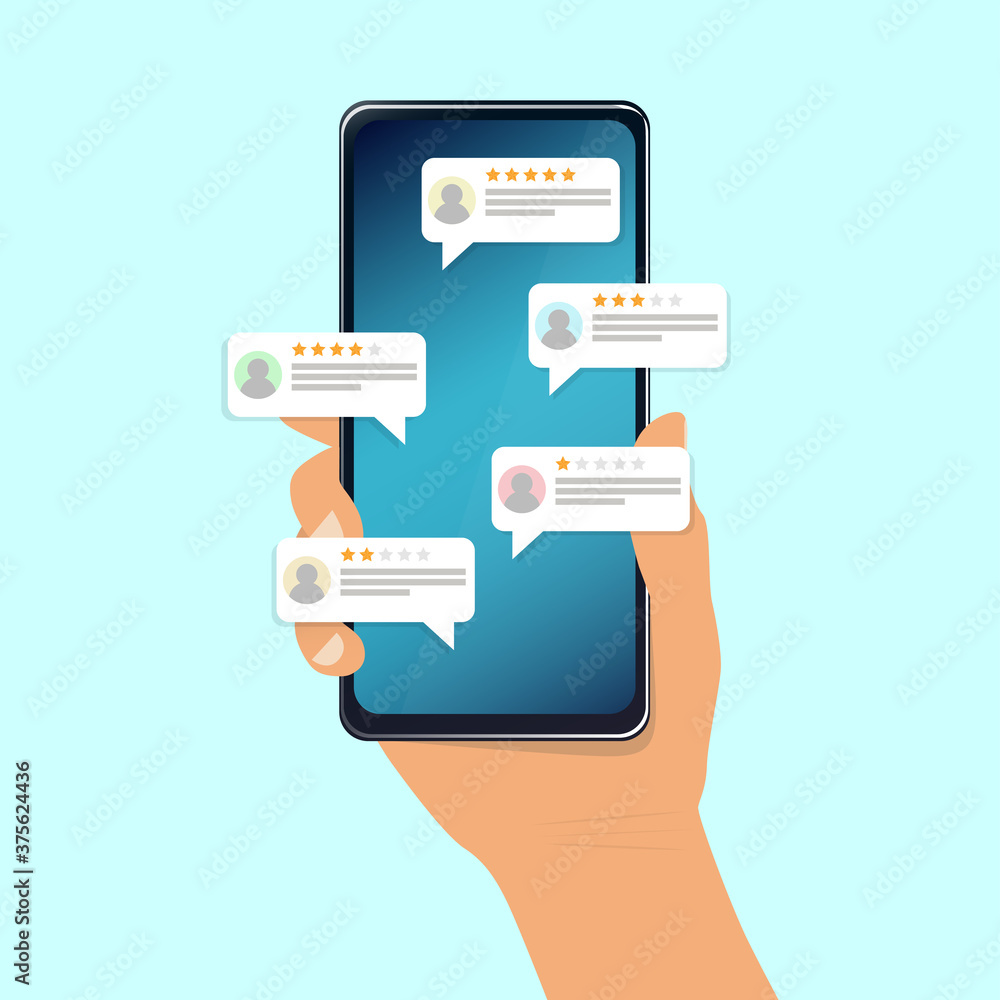 Review, feedback, rating bubble speech on smartphone. Review, feedback, rating bubble speech on smartphone.