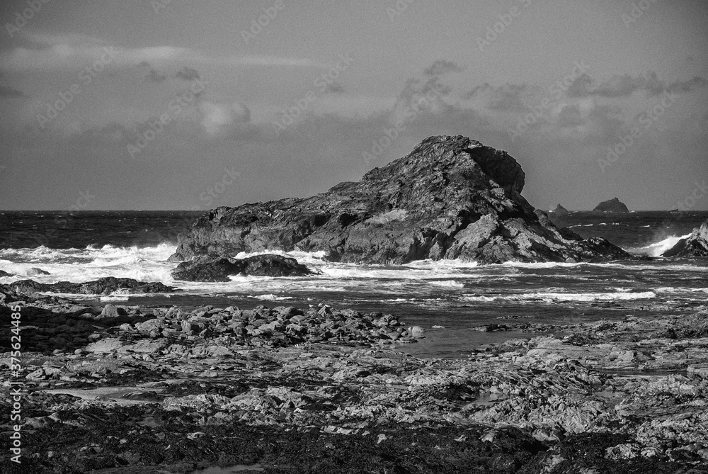 Monochrome image of rocks and waves in North Cornwall, UK Monochrome image of rocks and waves in North Cornwall, UK