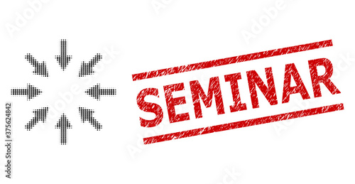 Compact arrows halftone dotted vector and Seminar dirty seal. Seal includes Seminar text between parallel lines. Compact arrows vector is made from halftone array which contains round pixels.