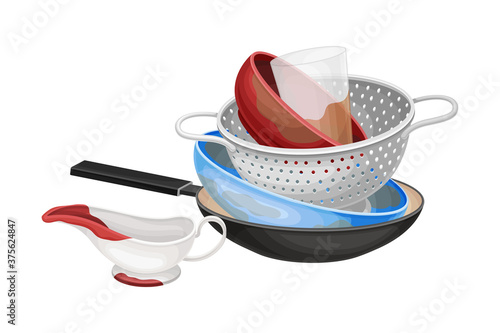 Dirty Utensils and Dishes Piled for Washing Up Vector Illustration
