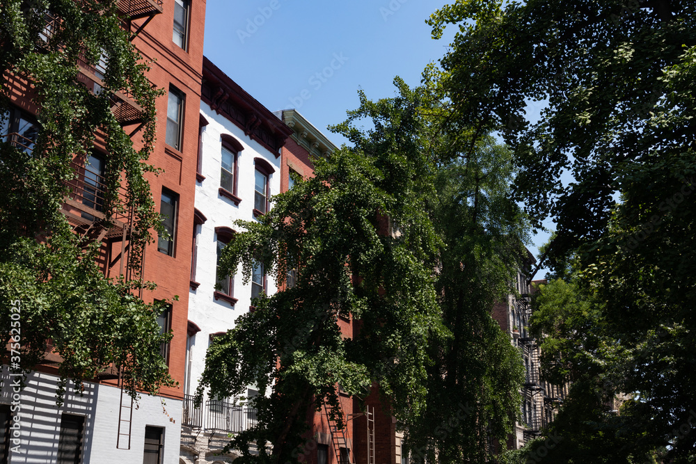 Naklejka premium Row of Colorful Old Residential Buildings in the East Village of New York City with Fire Escapes and Green Trees during Summer