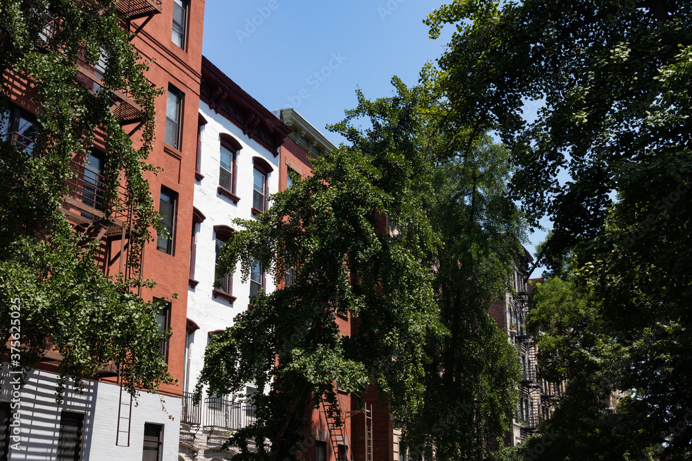 Row of Colorful Old Residential Buildings in the East Village of New York City with Fire Escapes and Green Trees during Summer