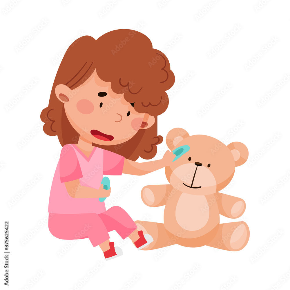 Careful Little Girl in Medical Wear Treating Teddy Bear Vector Illustration Careful Little Girl in Medical Wear Treating Teddy Bear Vector Illustration
