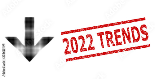 Arrow down halftone dotted vector and 2022 Trends dirty stamp seal. Stamp seal includes 2022 Trends caption between parallel lines.