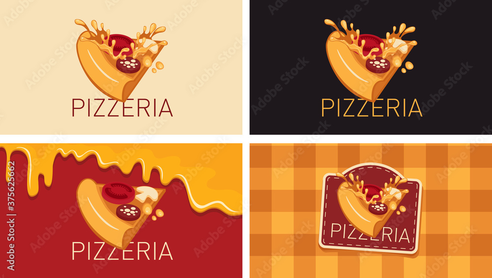 A set of business cards for a pizzeria or a pizza house. Vector illustration with a delicious fresh slice of pizza on various backgrounds, suitable for menu, cover, flyer, banner, advertising