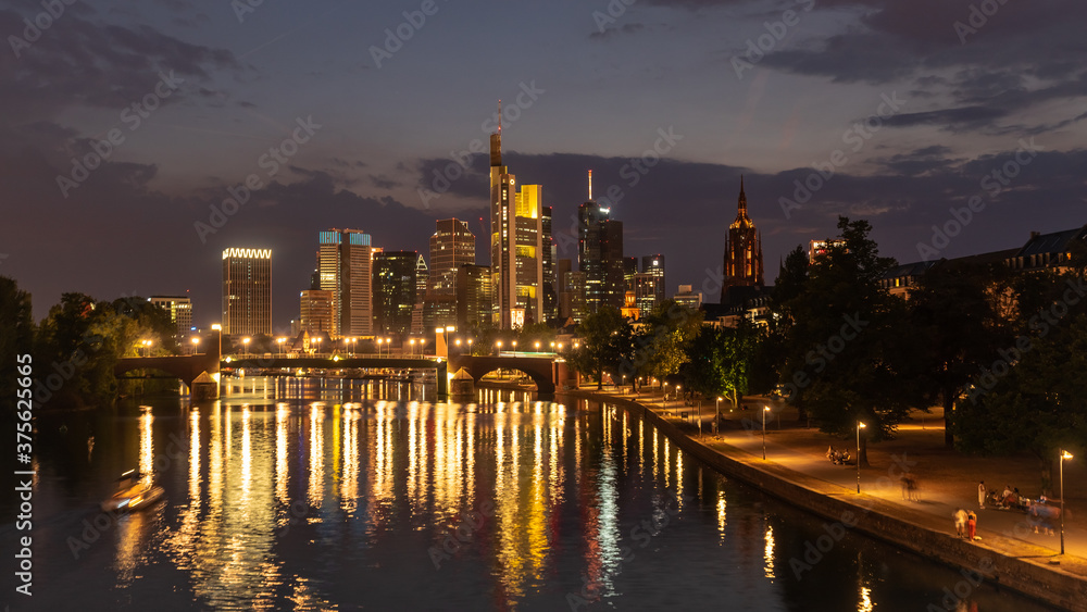 Night panorama of skyscrapers of the business district of Frankfurt. Major financial center and stock market in the world.