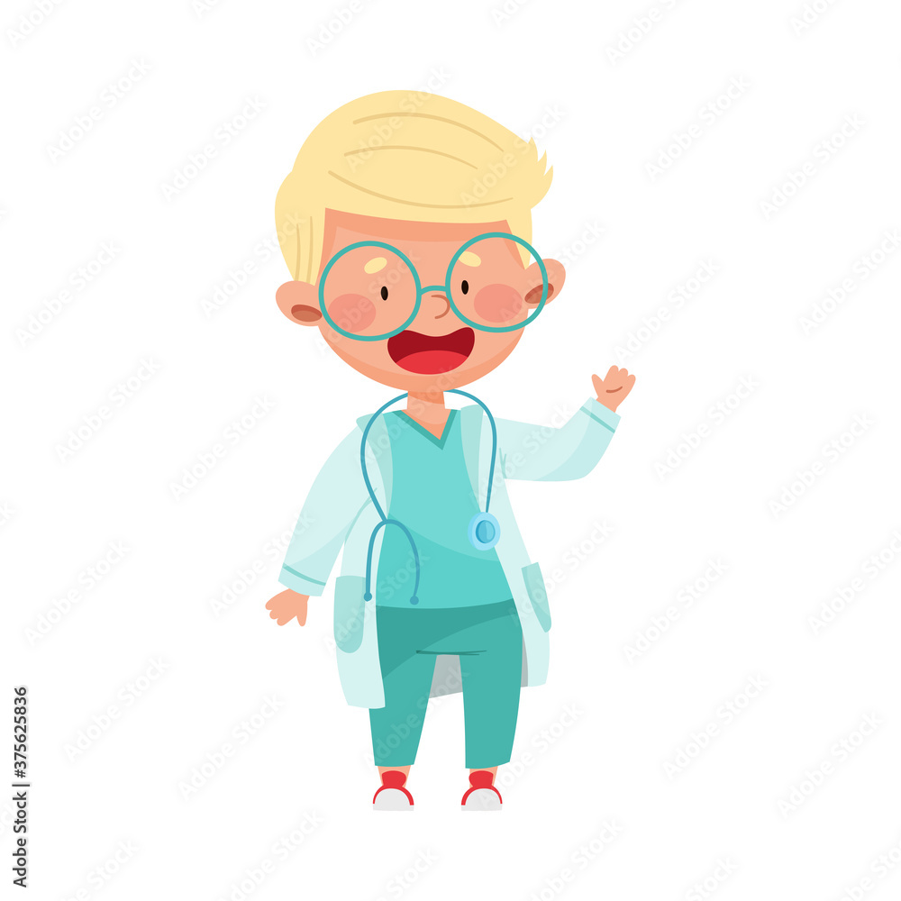 Smiling Boy in Medical Wear Standing and Waving Hand Vector Illustration
