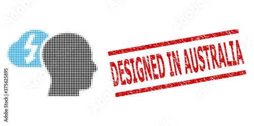 Brainstorming halftone dotted vector and Designed in Australia grunge stamp seal. Stamp includes Designed in Australia title between parallel lines.